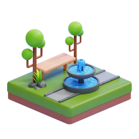 Park With Fountain And Bench  3D Icon