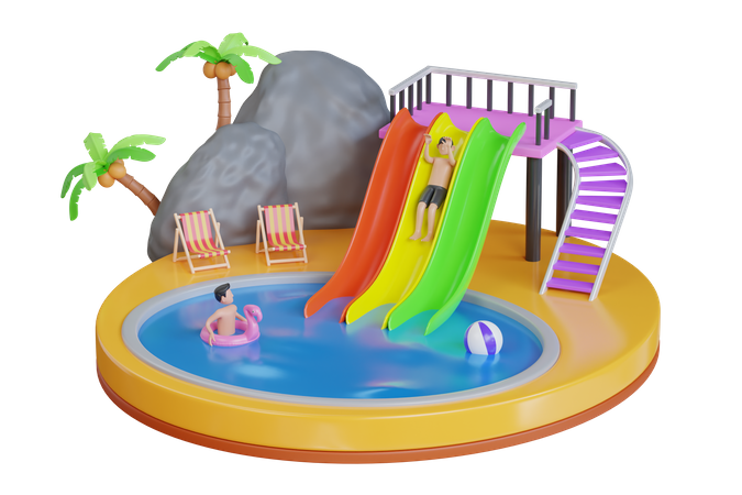 Parque aquático com tobogãs  3D Illustration