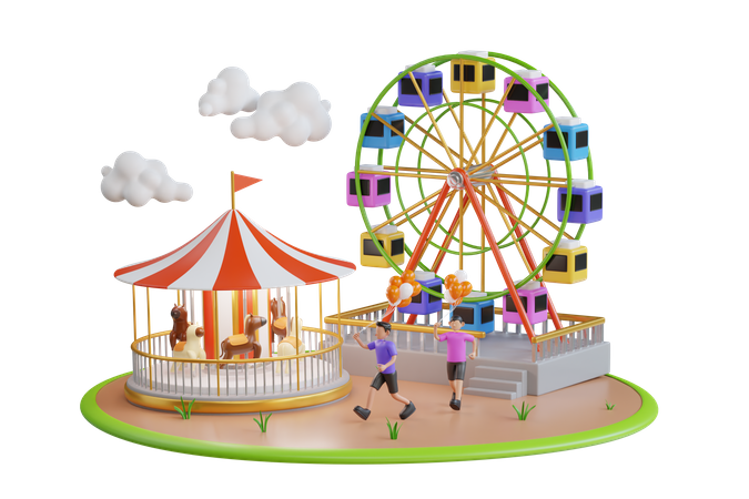 Parque de atracciones infantil al aire libre.  3D Illustration