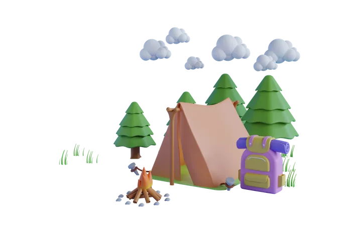 Uma Tenda Laranja Num Pinhal Rodeado Por Nuvens Conceito De Viagens E Camping Renderizacao 3 D 3D Illustration