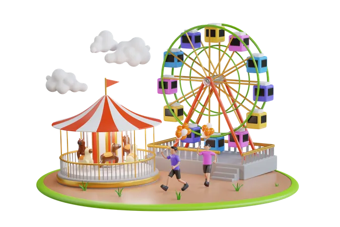 Parque De Diversoes Infantil 3 D Ao Ar Livre Parque Infantil Para Criancas Cena Do Parque Tematico Com Carros Eletricos Roda Gigante Carrossel Trampolim 3D Illustration