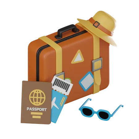 Essential Items Like A Passport Suitcase And Sunglasses Perfect For Conveying The Excitement Of Exploring New Destinations And Experiencing New Adventures 3 D Render Illustration 3D Icon