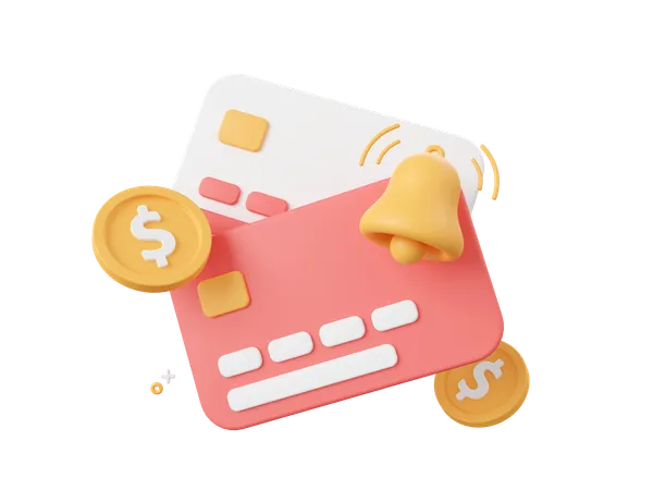 3 D Cartoon Design Illustration Of Credit Card With Bell Notification Icon Payment Notification Payment Due Date Reminder Notification Concept 3D Icon