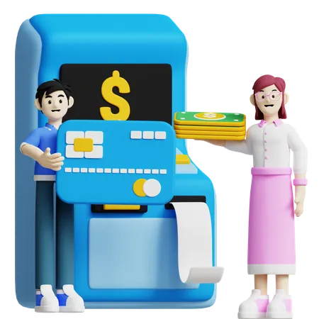 This 3 D Icon Features Two People Managing A Point Of Sale System With Credit Cards And Dollar Bills Ideal For Representing Payment Processing And Financial Transactions 3D Icon