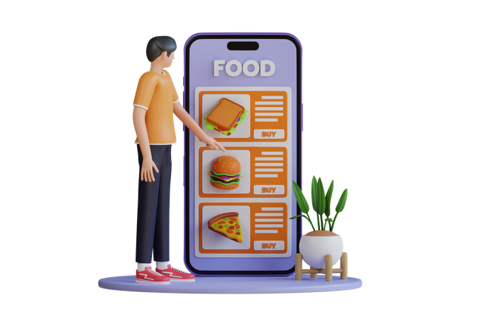 Pedir comida pelo aplicativo móvel  3D Illustration