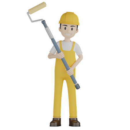 Peintre faisant des travaux de peinture avec une longue brosse à rouleau  3D Icon