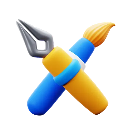Ink Pen Tool And Paint Brush Crossed For Creative Talent Project 3 D Icon Illustration Render Design 3D Icon