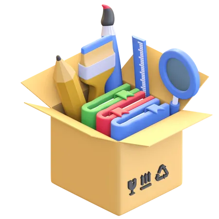 School Items In Cardboard Box Icon 3 D Illustration 3D Illustration