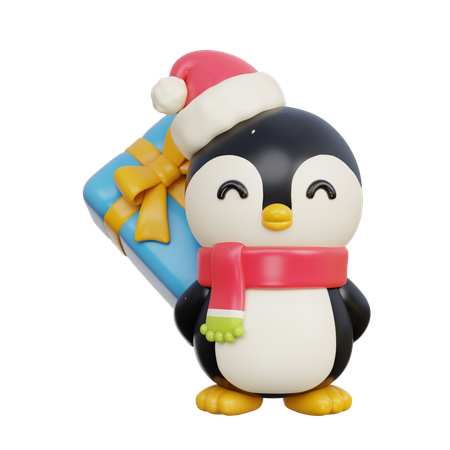 Penguin hiding Present  3D Illustration