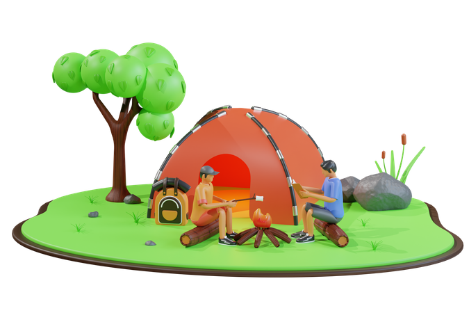 People camping at campsite in jungle  3D Illustration