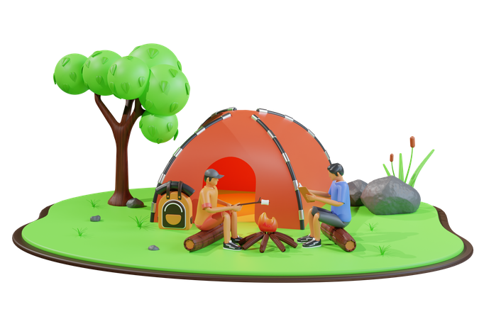 People camping at campsite in jungle 3D Illustration