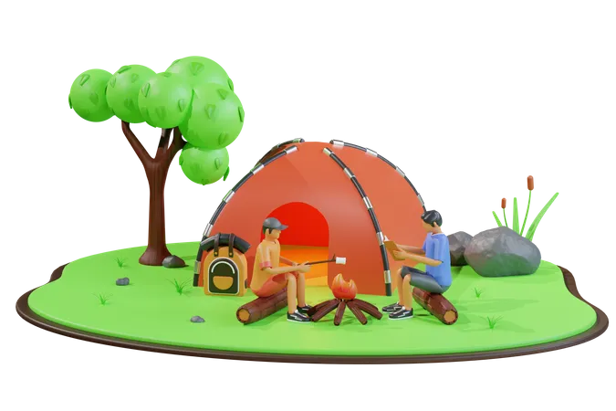 People camping at campsite in jungle 3D Illustration
