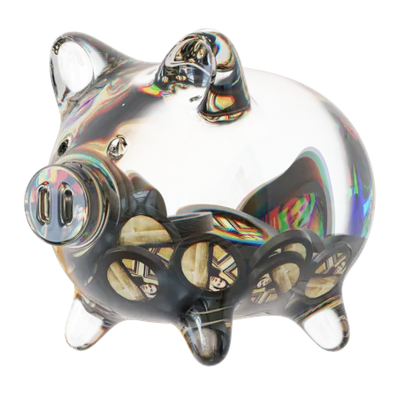 People Clear Glass Piggy Bank With Decreasing Piles Of Crypto Coins  3D Icon