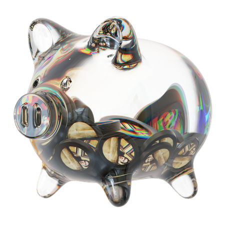 People Clear Glass Piggy Bank With Decreasing Piles Of Crypto Coins 3D Icon