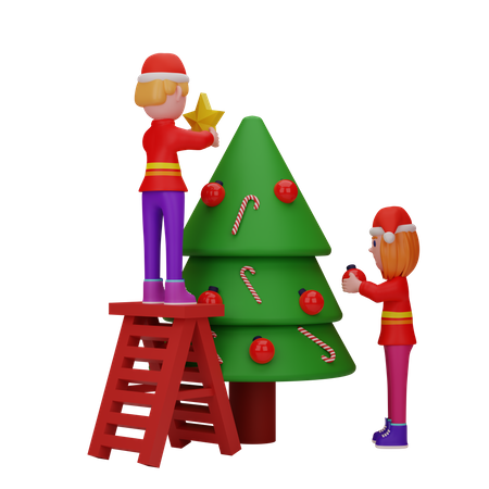 People Doing Christmas Tree Decoration  3D Illustration