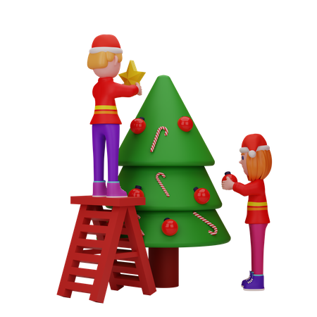 People Doing Christmas Tree Decoration  3D Illustration