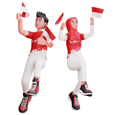 People holding Indonesian flag on Independence Day  3D Illustration