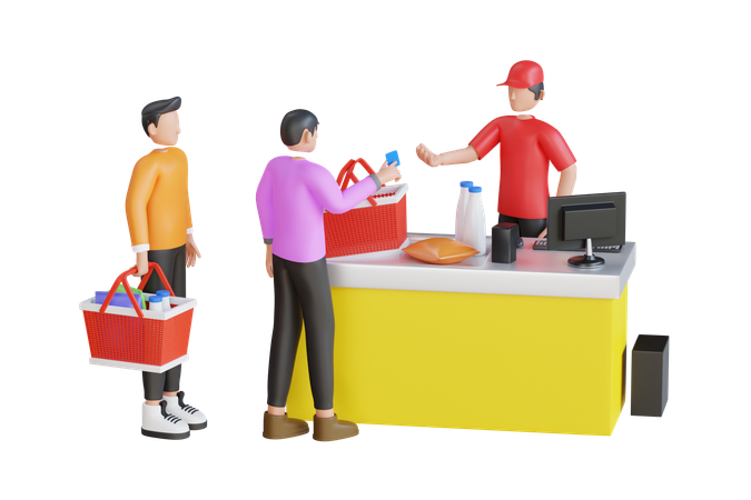 People in grocery store waiting to pay at cashier  3D Illustration