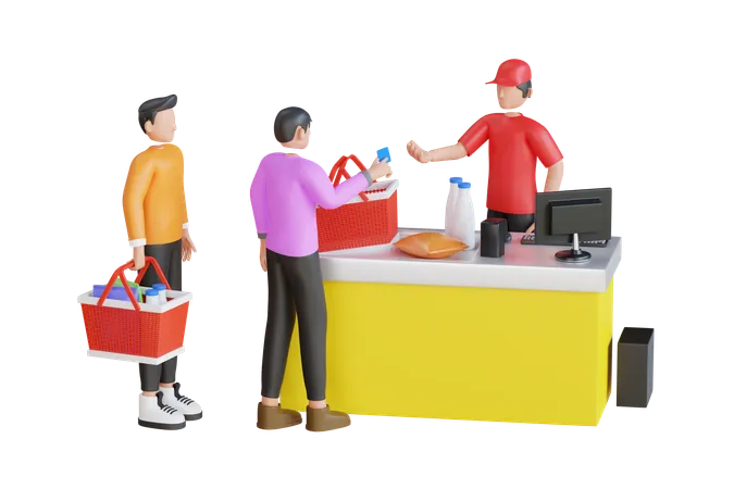 3 D Illustration Of People Standing In Queue At Store Checkout Counter People In Grocery Store Waiting To Pay At Cashier Shopping Queue In Grocery Market 3 D Illustration 3D Illustration