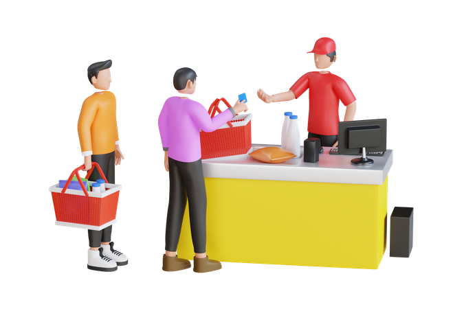 People in grocery store waiting to pay at cashier  3D Icon