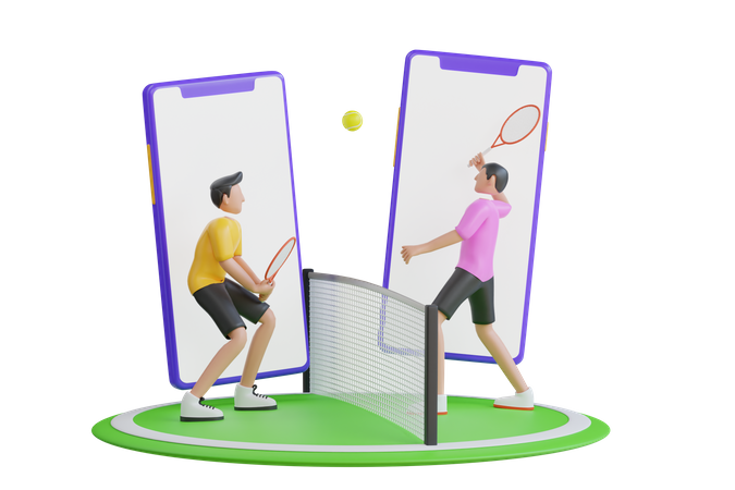 People Playing Tennis Ball Game Online 3D Illustration