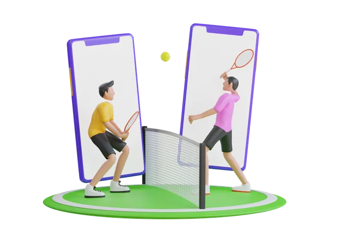 People Playing Tennis Ball Game Online 3D Illustration