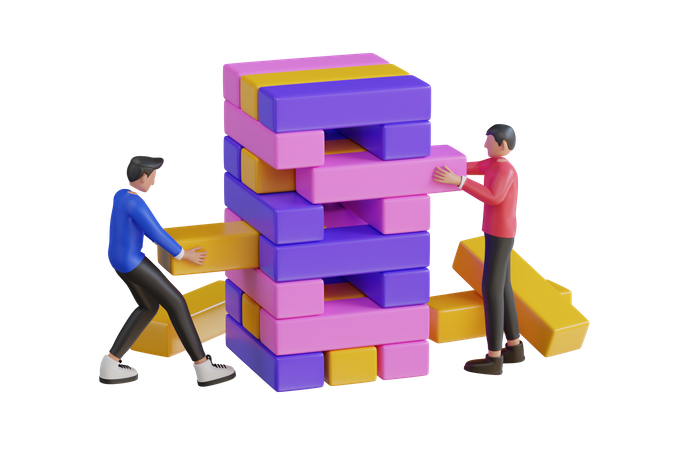 People Playing Wooden Cubes Block Puzzle  3D Illustration