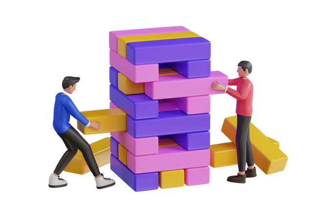 People Playing Wooden Cubes Block Puzzle 3D Illustration