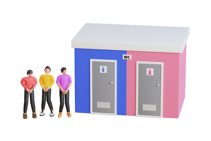 People waiting at WC door stand in line  3D Illustration