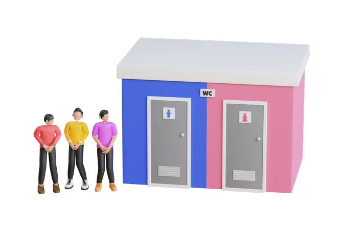 People waiting at WC door stand in line  3D Illustration