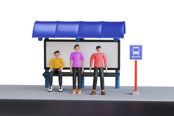 People Waiting on Bus Stop  3D Illustration