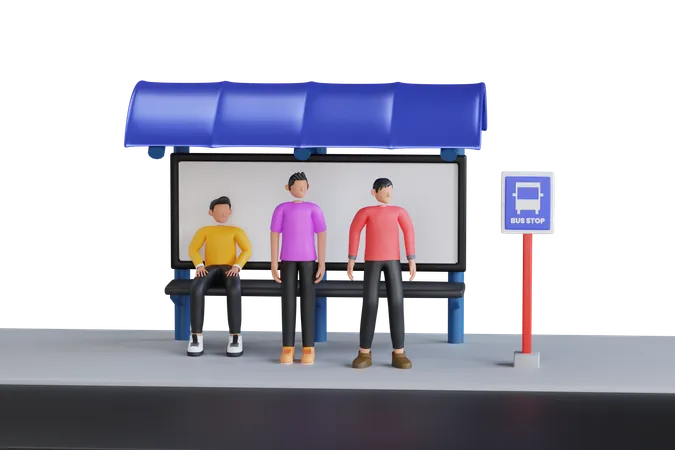 3 D Illustration Of People Waiting On Bus Stop People Sitting At Bus Station Passengers Use Public Transportation Service 3D Illustration