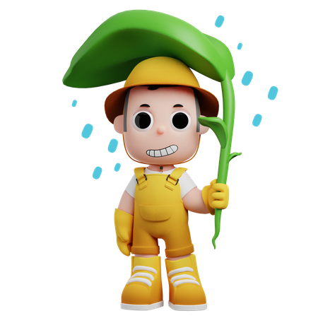 Pequeno agricultor usando planta como guarda-chuva  3D Illustration