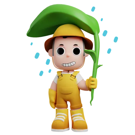 Pequeno agricultor usando planta como guarda-chuva  3D Illustration