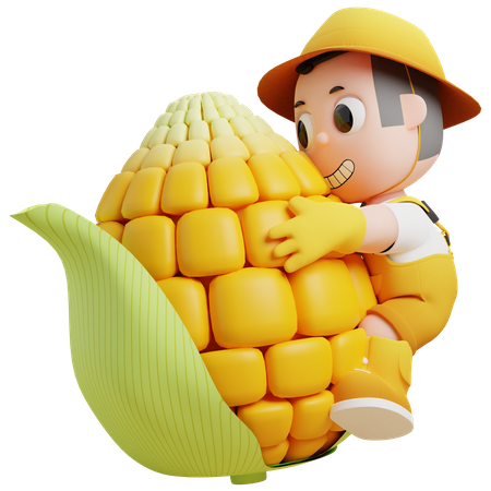Pequeno jardineiro abraçando milho grande  3D Illustration