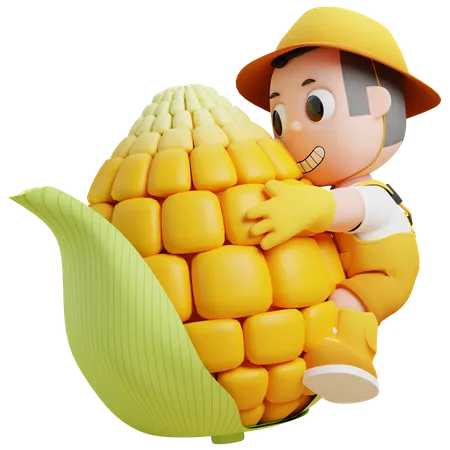 Pequeno jardineiro abraçando milho grande  3D Illustration