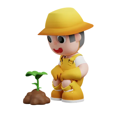 Pequeno jardineiro esperando a planta crescer  3D Illustration