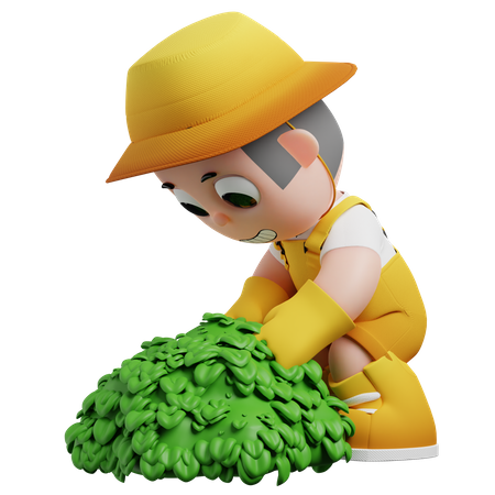 Pequeno jardineiro tratando arbustos  3D Illustration