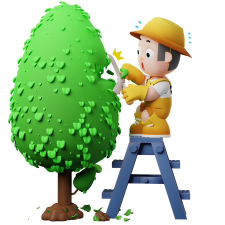 Pequeño jardinero cortando un árbol  3D Illustration