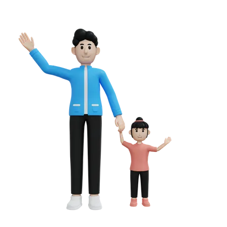 Père et fille disent bonjour  3D Illustration