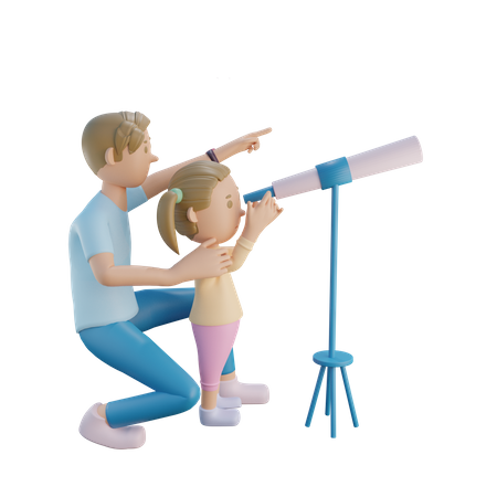 Père et fille utilisant un télescope  3D Illustration