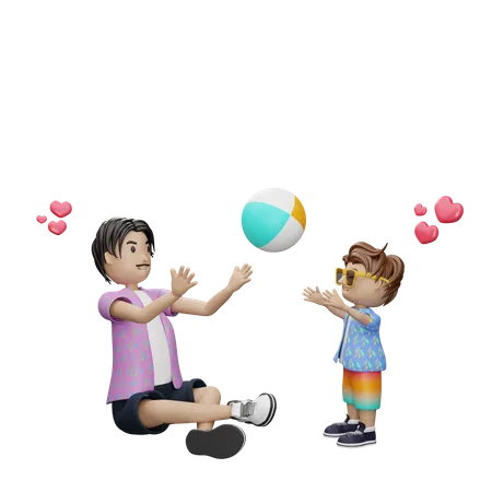Père jouant avec le ballon avec son fils  3D Illustration