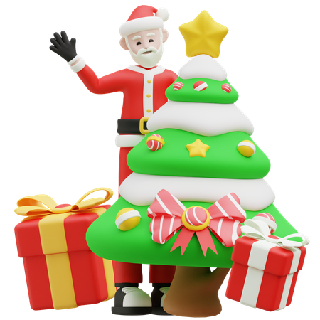 Père Noël, agitant la main avec l'arbre de Noël  3D Illustration