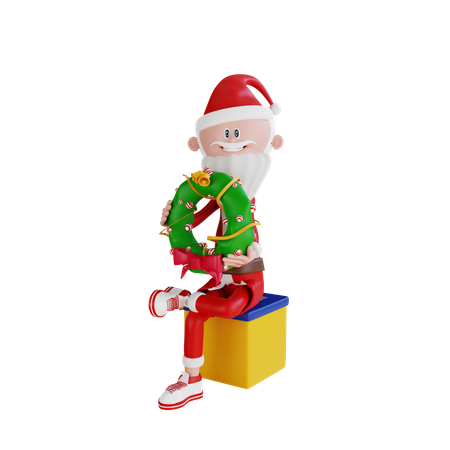 Père Noël assis et portant une couronne de Noël  3D Illustration