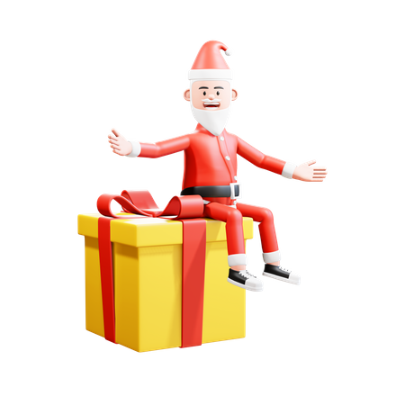 Père Noël assis joyeusement sur un gros cadeau de Noël  3D Illustration