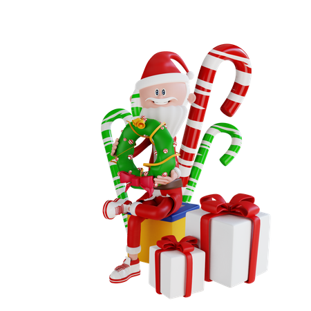 Père Noël assis sur la boîte cadeau  3D Illustration