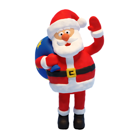 Père Noël avec sac cadeau et agitant la main  3D Illustration