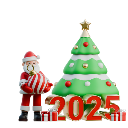 Le Père Noël décore 2025 avec un petit sapin  3D Illustration