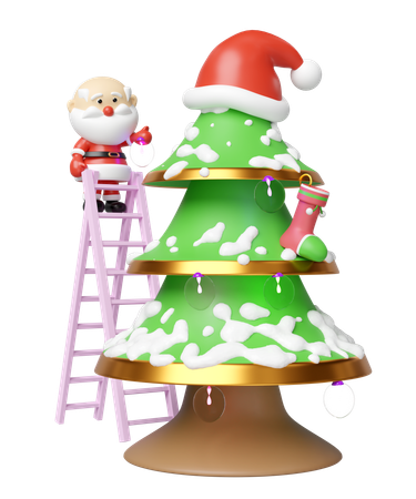 Le père Noël décore le sapin de Noël  3D Illustration