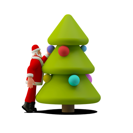 Le père Noël décore le sapin de Noël  3D Illustration